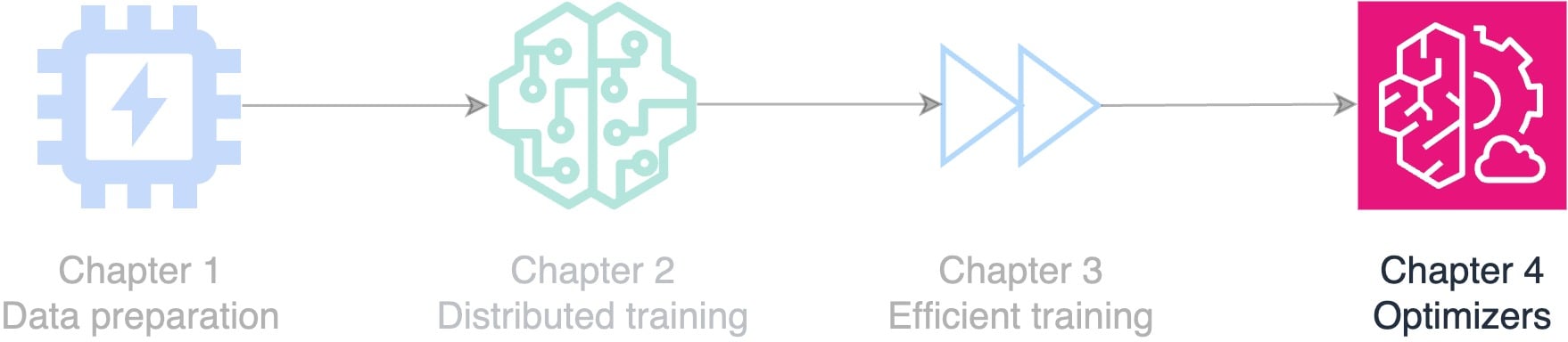 Diagram showing chapter topics in the course with a highlight on optimizers.