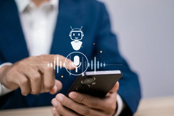 Picture of audio-based assistive technology for visually impaired individuals to use voice commands on their phone.