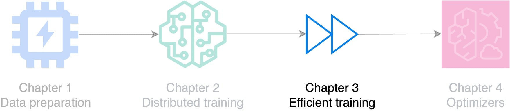 Flowchart illustrating the course topics: data preparation, distributed training, efficient training, and optimizers.