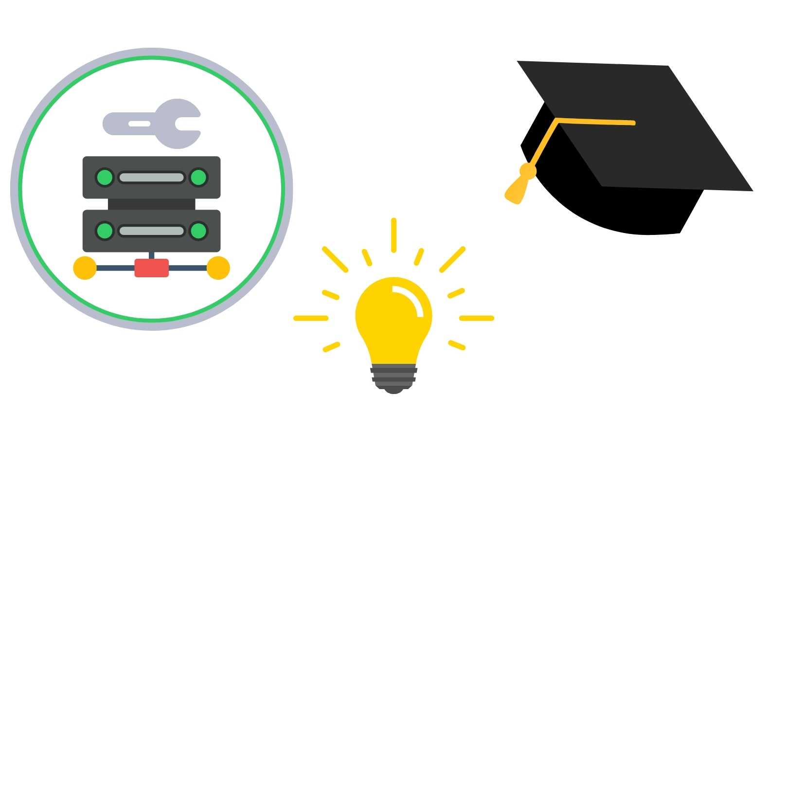 Icons of a server, a lighhtbulb, and a graduation hat