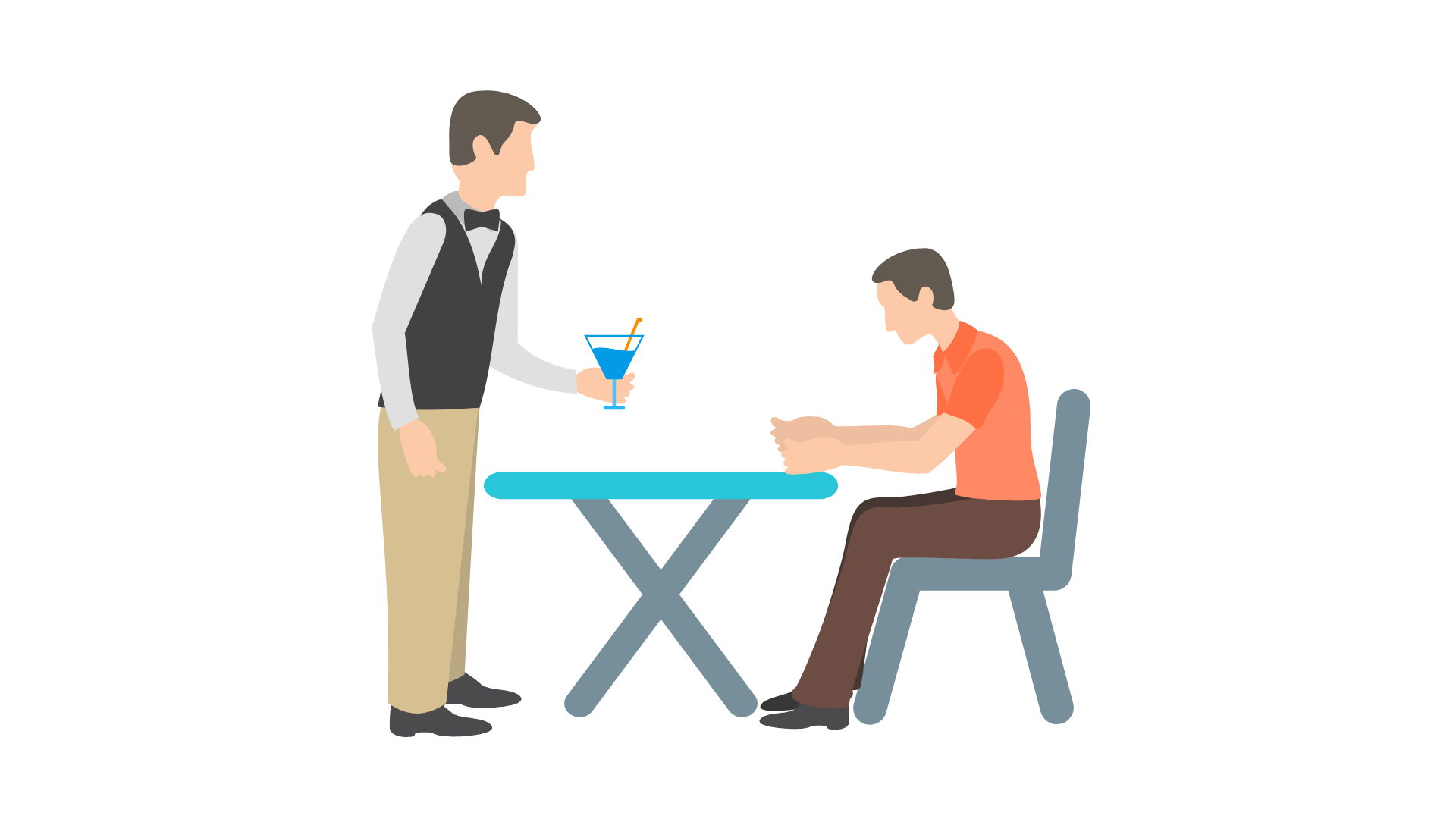 A person serving a drink to someone sat at a table