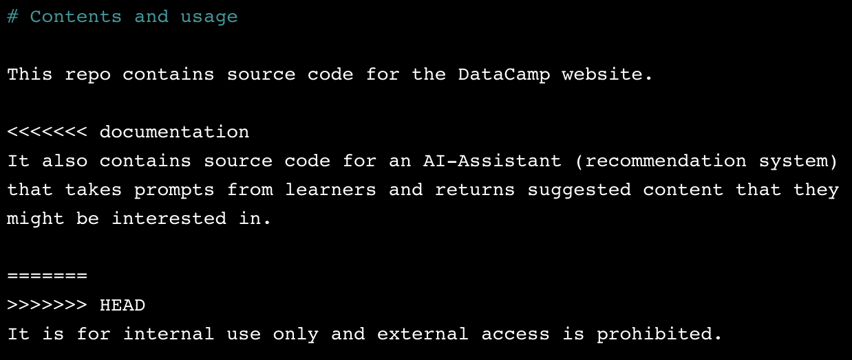 README file showing conflict sections using nano