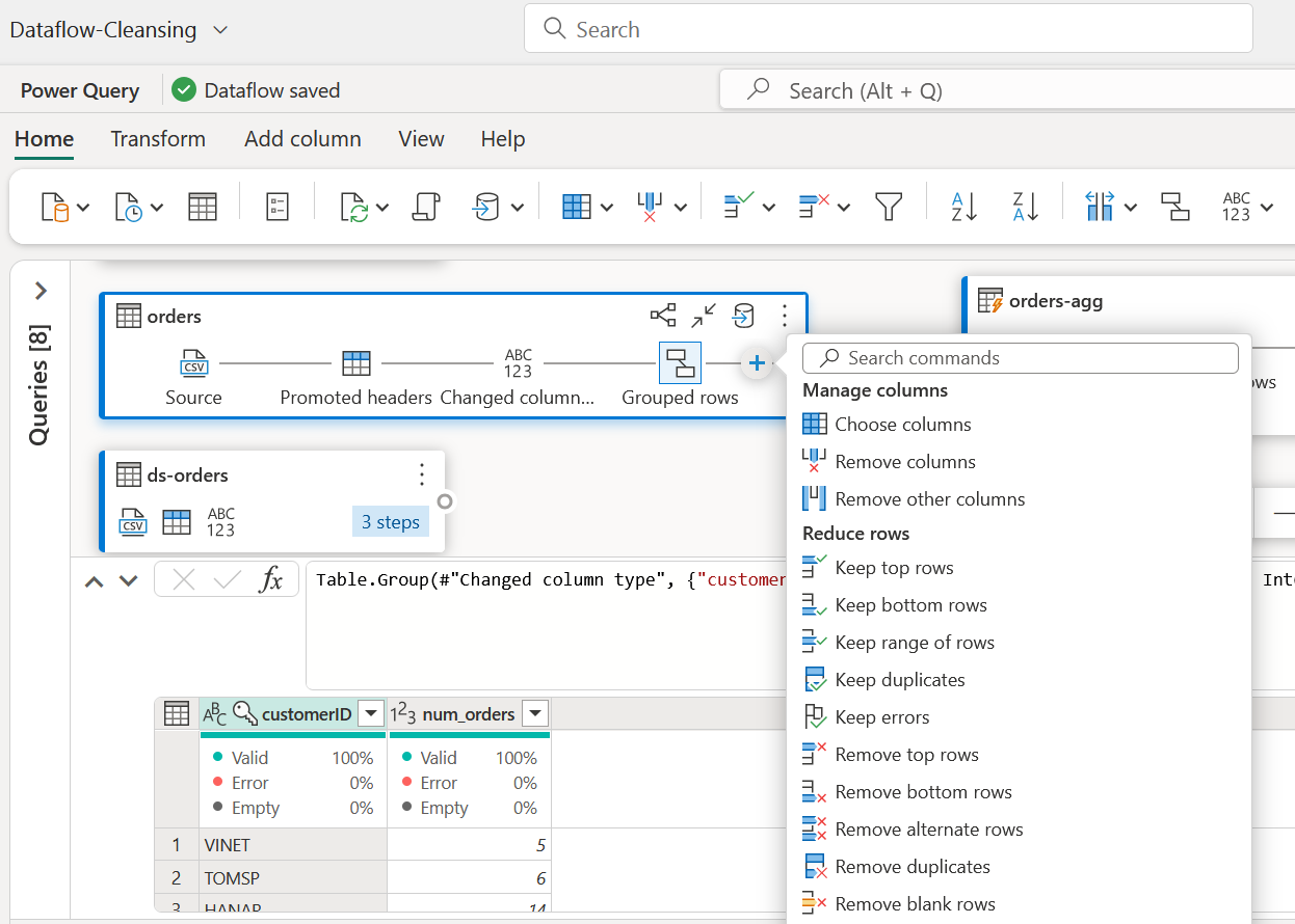 Screenshot of the Dataflow designer with a couple of sample queries and showing some of the transformation operations available