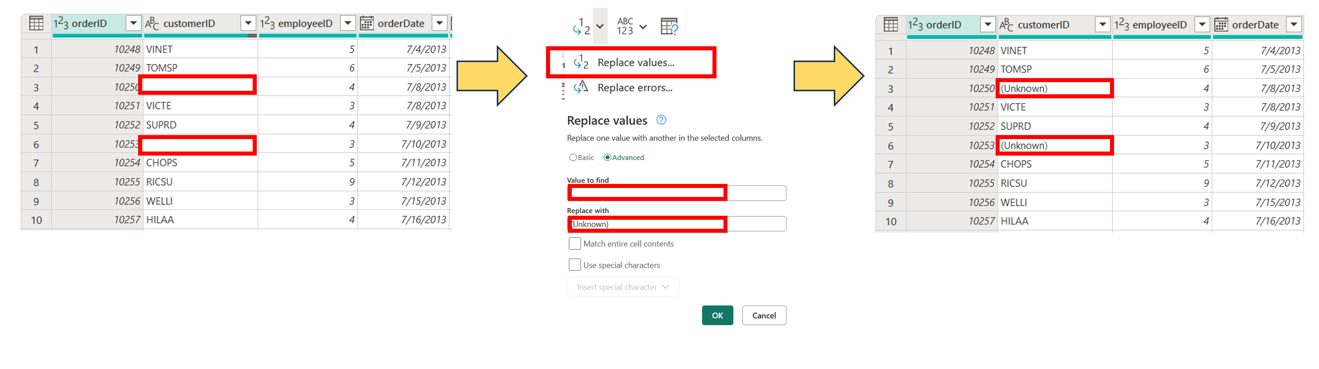 Screenshot of the Replace values transformation menu option in Dataflow, with a table example of before and after changing empty values for the string '(Unknown)'