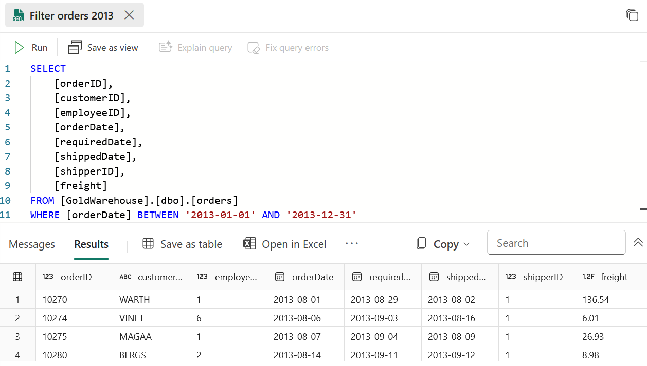 Screenshot of the SQL editor with a sample SELECT query