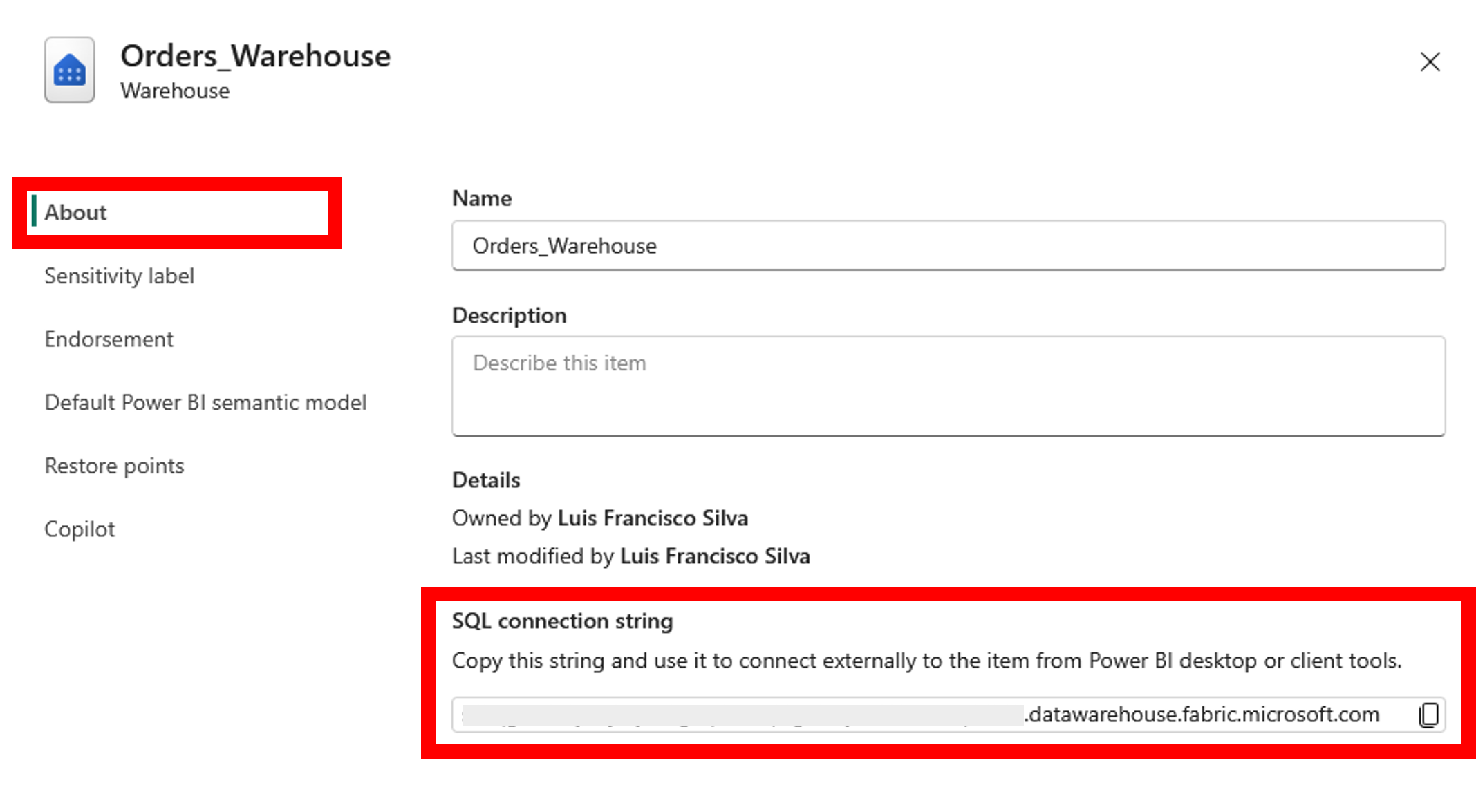 Screenshot of the Warehouse settings screen showing the location of the SQL connection string