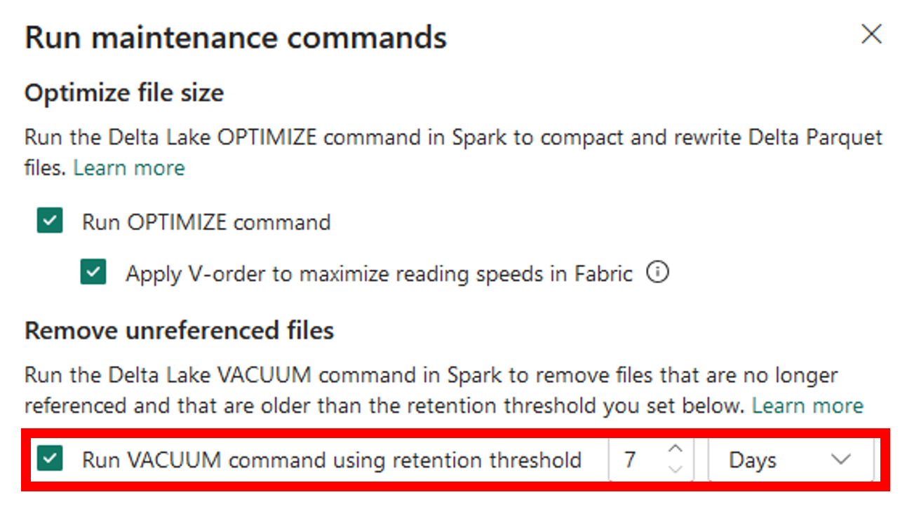 Screenshot of the Maintenance command in the Lakehouse explorer, highlighting the option Run VACUUM