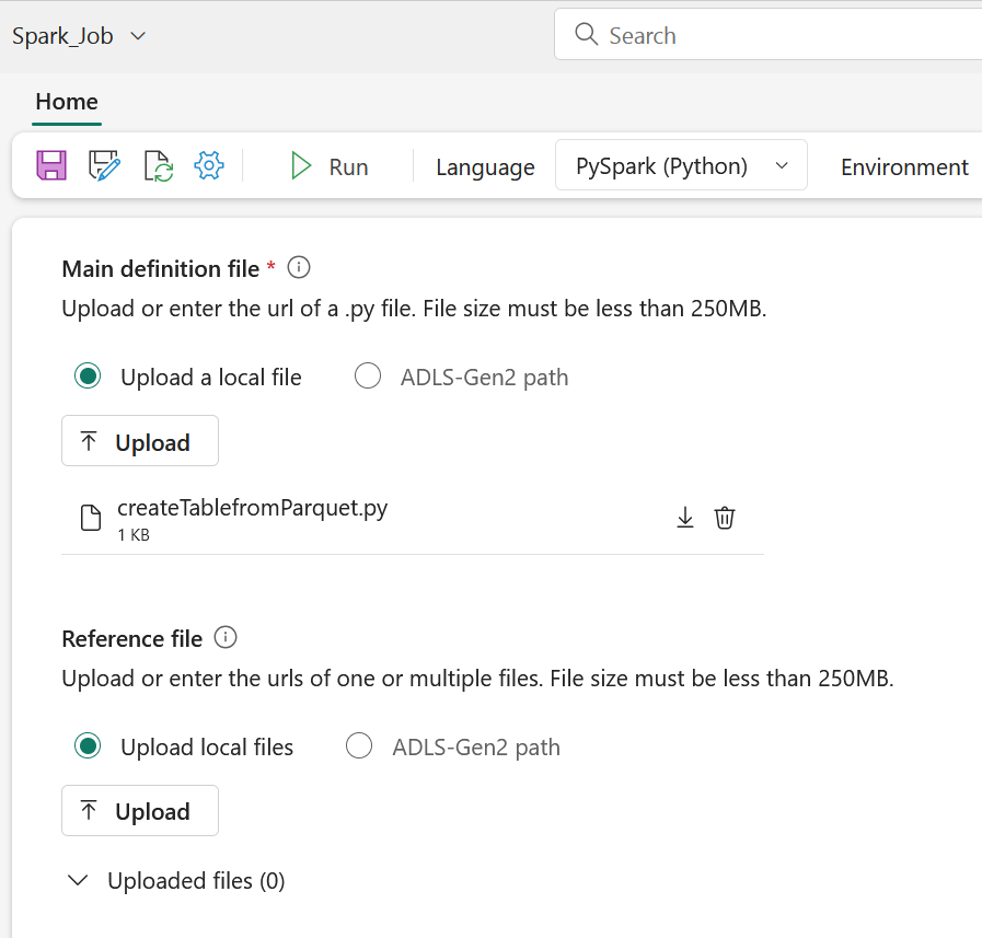 Screenshot of a Spark Job definition showing configuration parameters