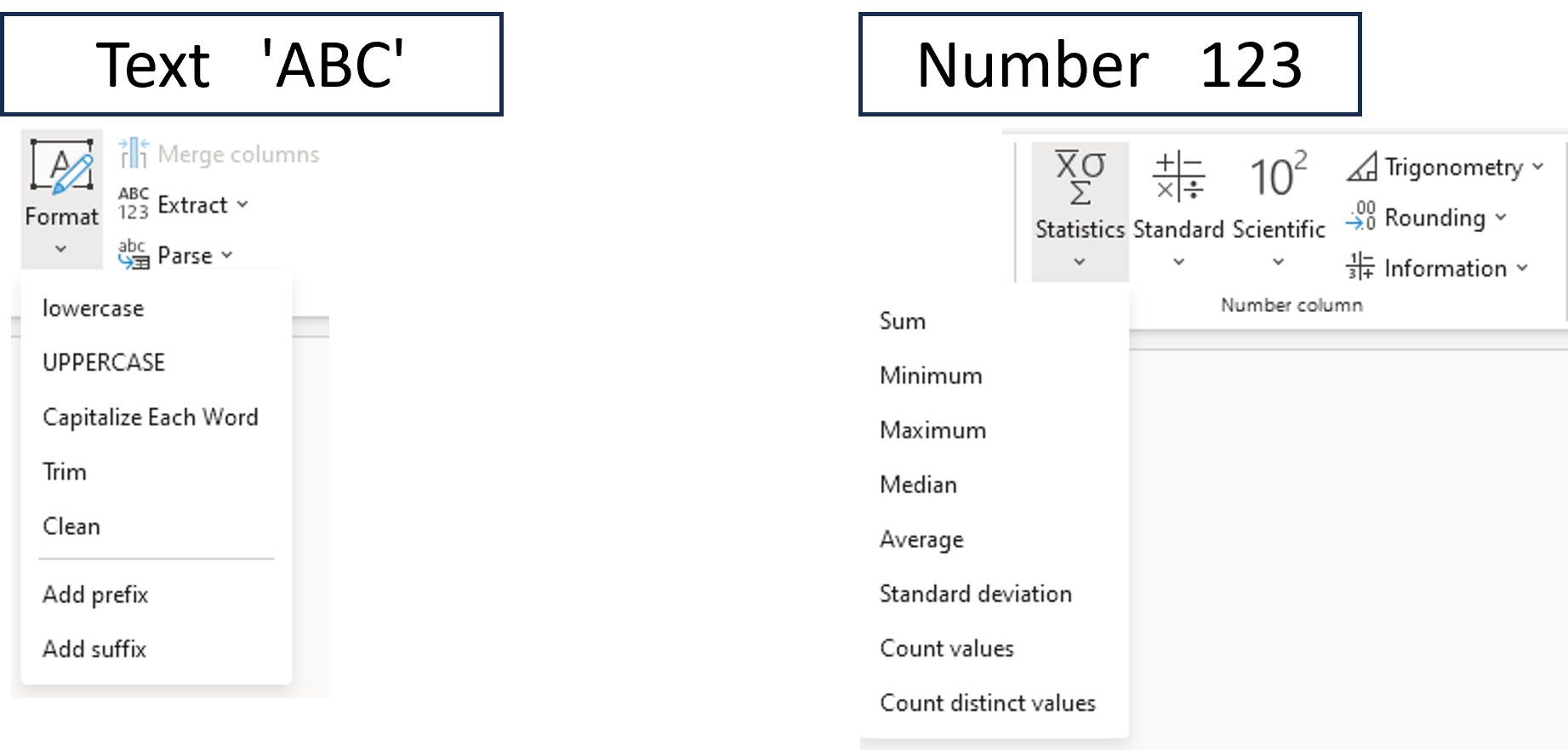 Example of some of the transformations available on a text column, like lowercase, uppercase and trim, and transformations available on a numeric column, like sum and maximum