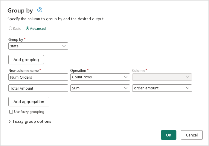Screenshot of the Group by dialog in a Dataflow, specifying that the data should be grouped by state and with two aggregations, count of rows and sum of the order amount column
