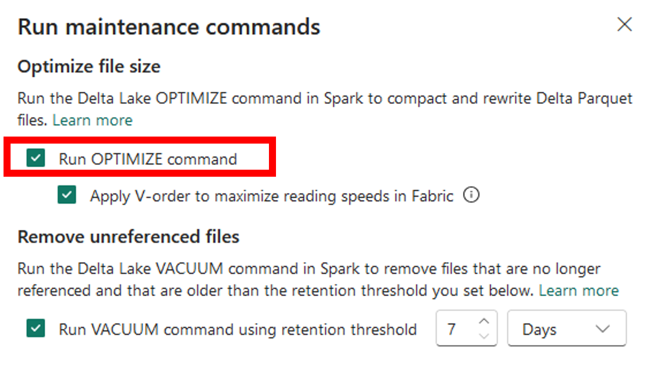Screenshot of the Maintenance command in the Lakehouse explorer, highlighting the option Run OPTIMIZE command