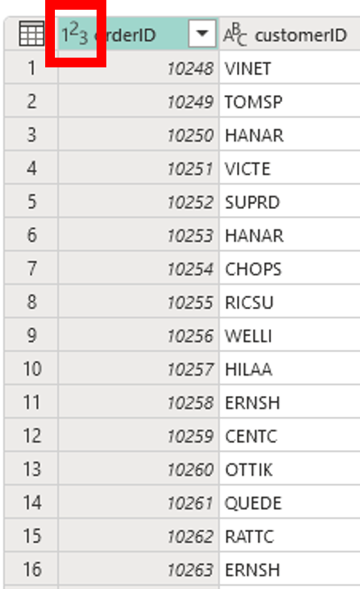 Screenshot highlighting the icon on the left side of a column's  heading that gives access to the Change type context menu
