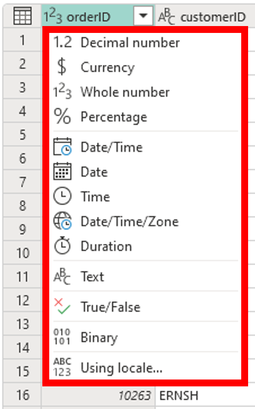 Screenshot of the Change type context menu available when clicking on the data type in the heading of a column in the data view