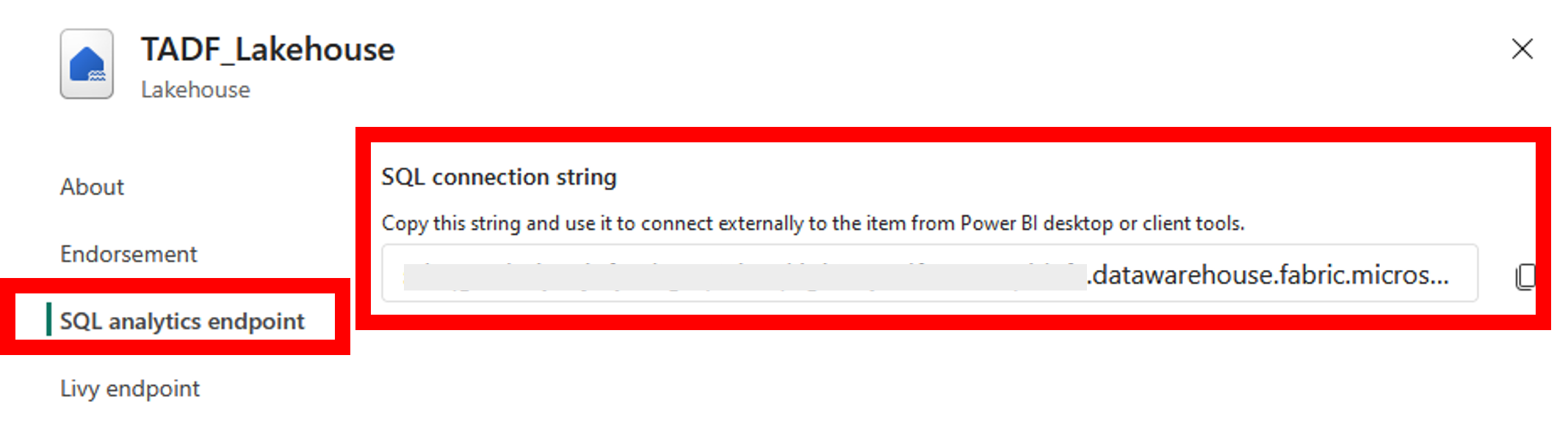Screenshot of the Lakehouse settings screen showing the location of the SQL analytics endpoint