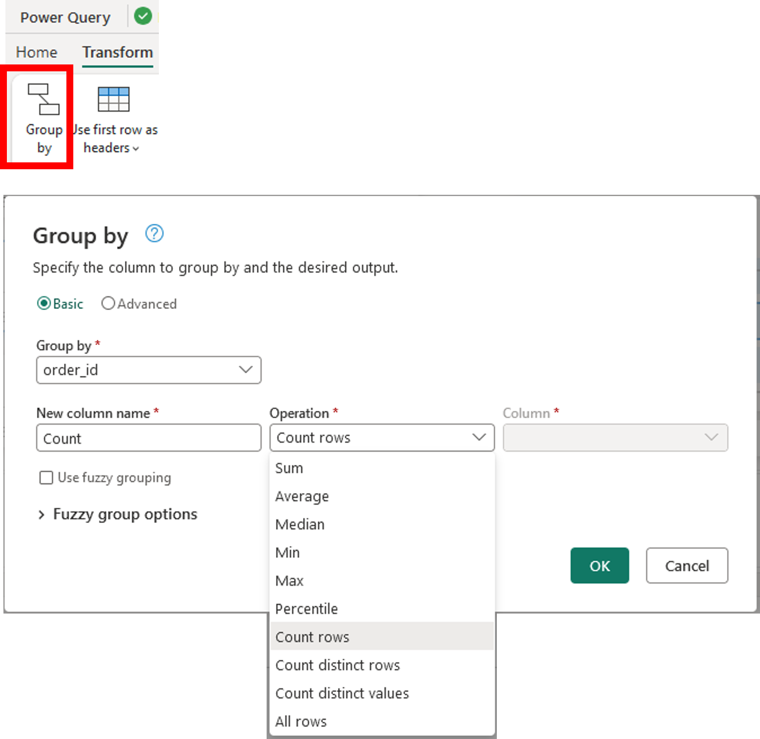 Screenshot of the Group by dialog in Dataflows