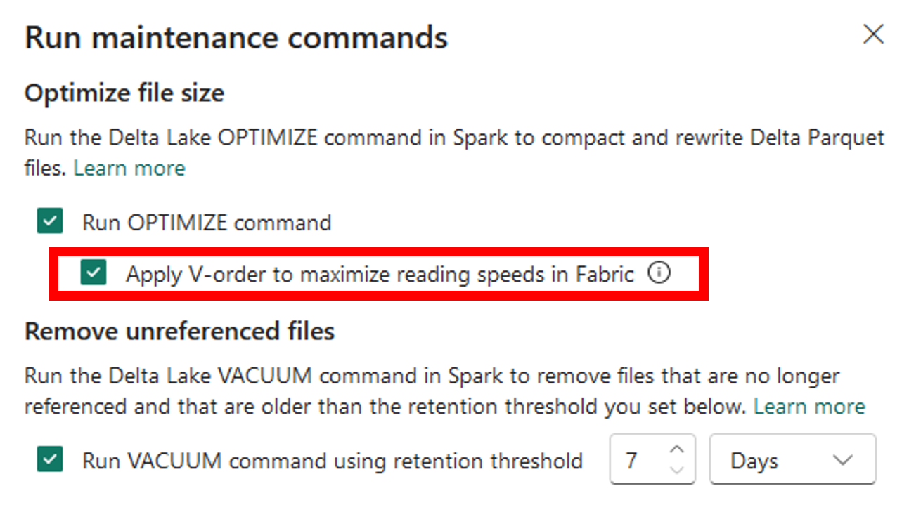 Screenshot of the Maintenance command in the Lakehouse explorer, highlighting the option Apply V-ORDER