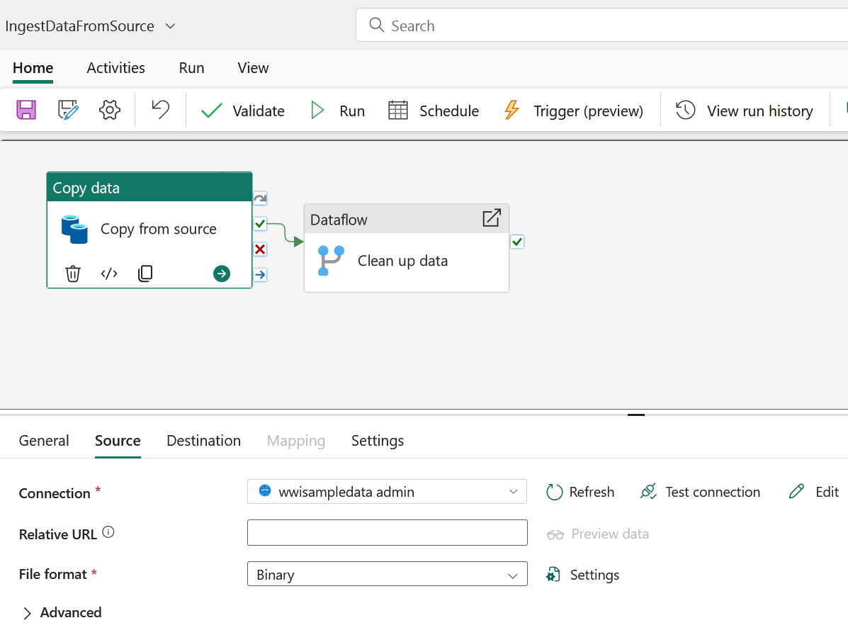 Screenshot of the Data Pipeline designer showing a sample ingestion pipeline with a Copy activity and a Dataflow activity