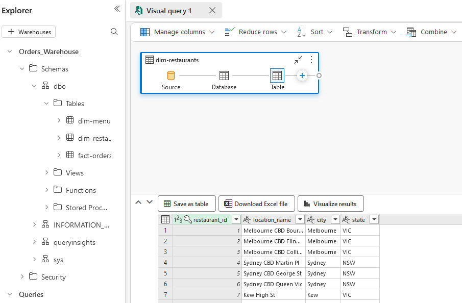 Screenshot of the visual query editor showing a table