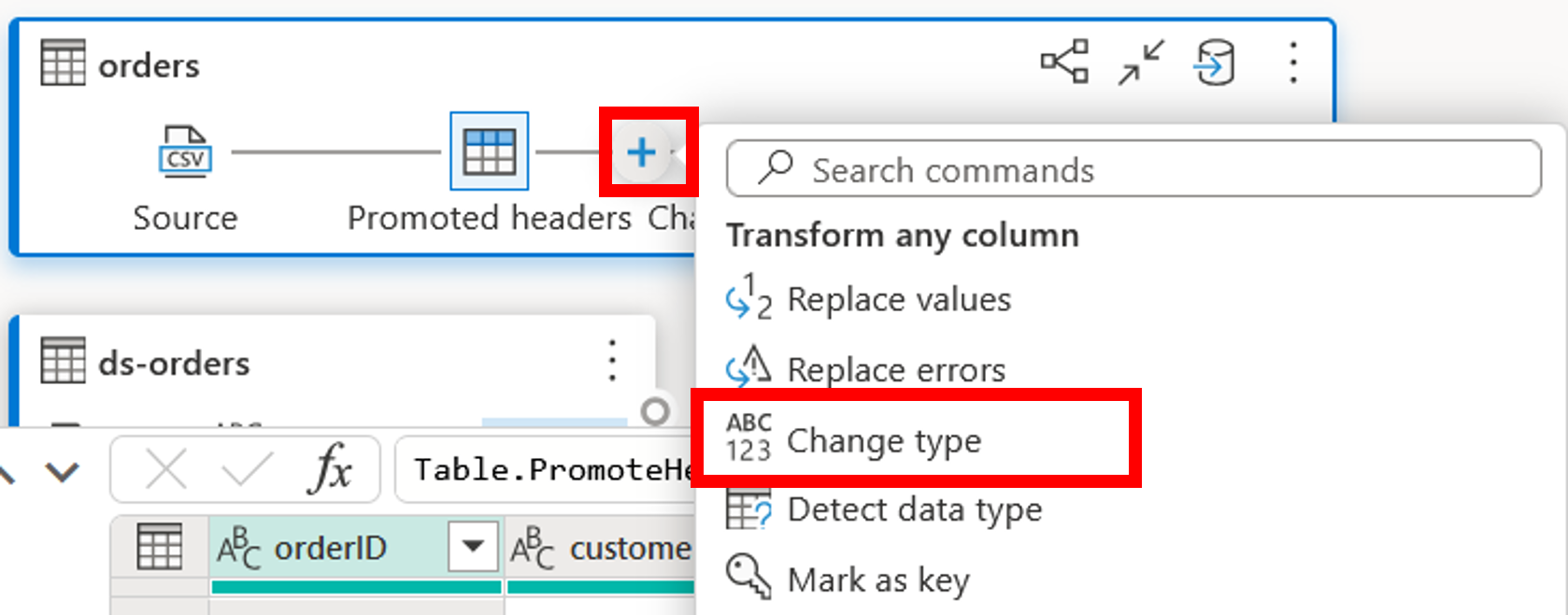 Screenshot showing a query where the Change Type transform is being added