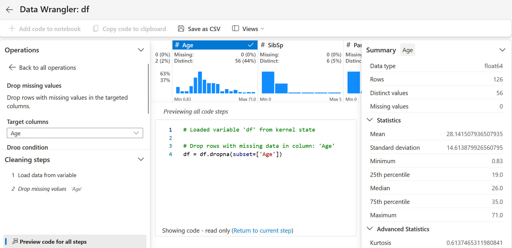 Screenshot of Data Wrangler interface showing some sample operations