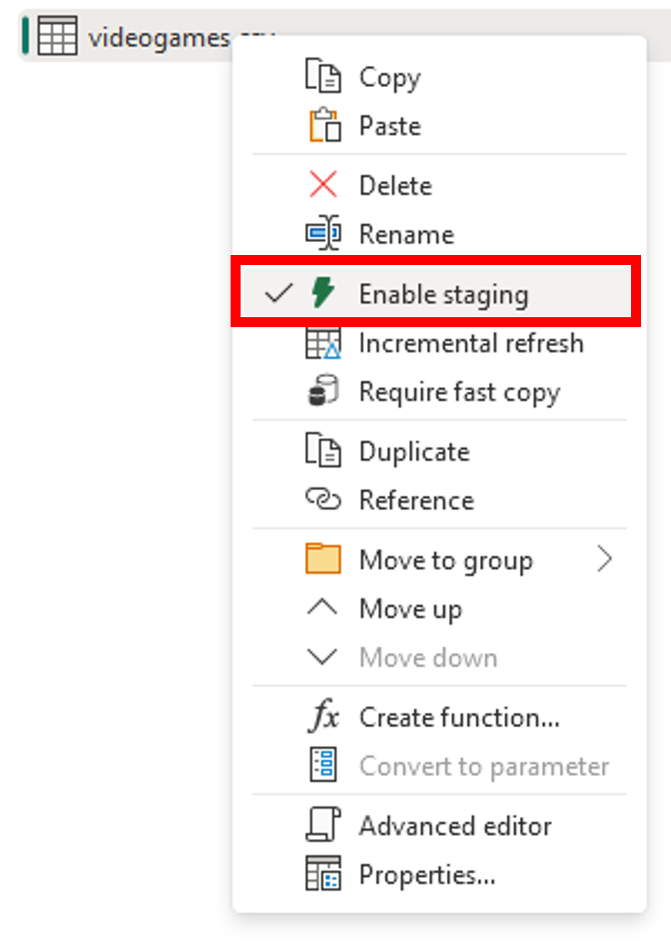 Screenshot showing the Enable Staging option in a dataflow query
