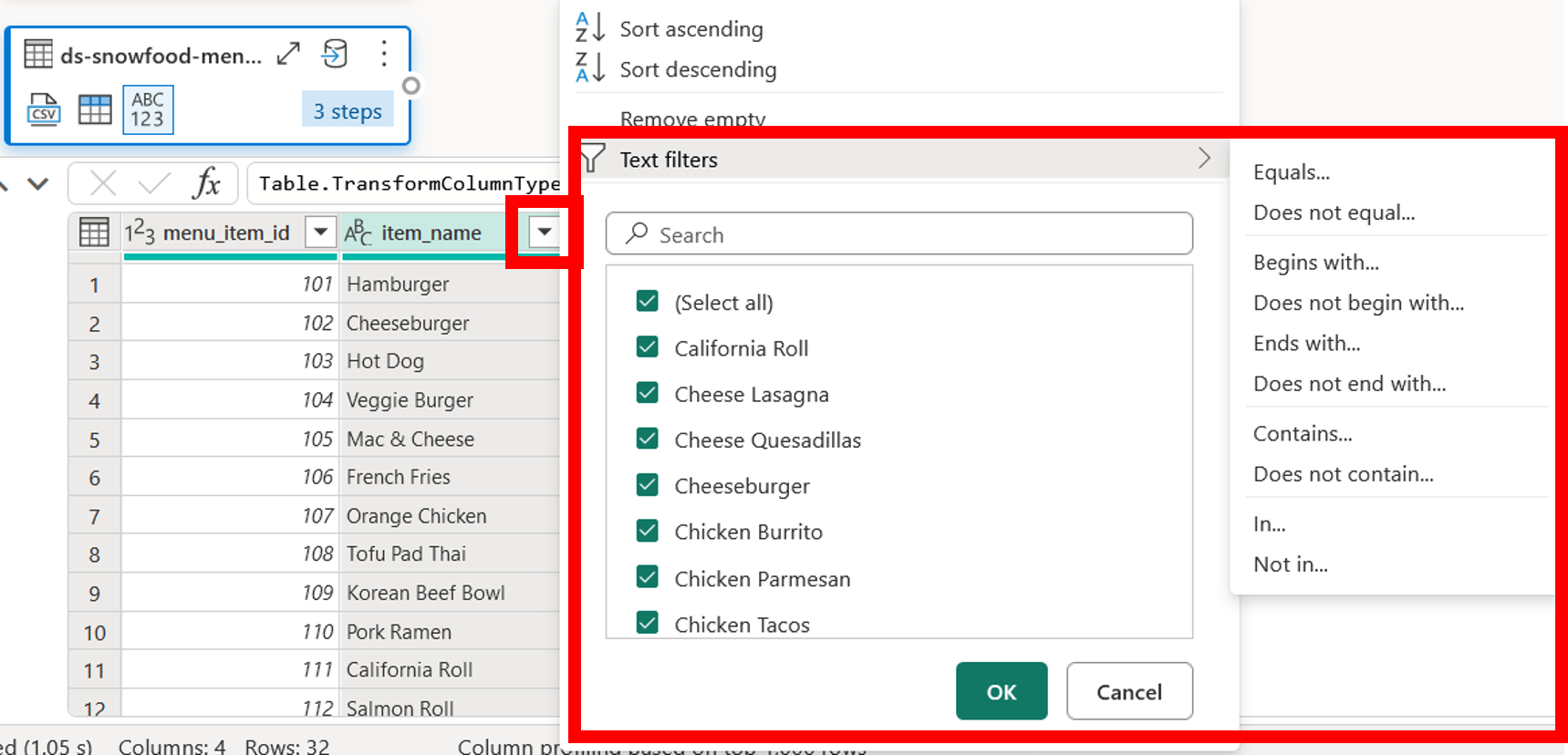 Screenshot of the filter transform applied to a column