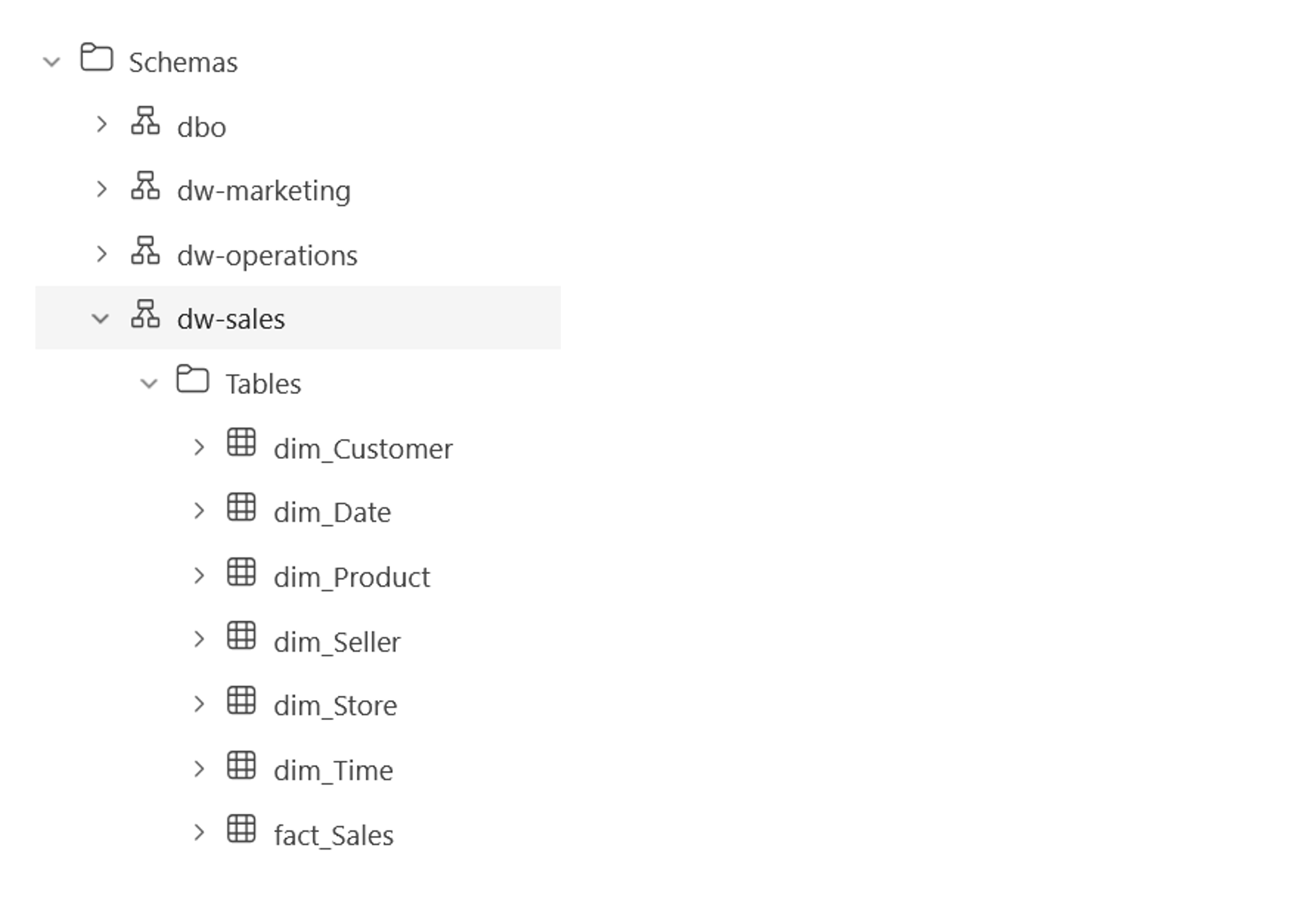 Screenshot of the layout of a warehouse with a dw-sales schema expanded to show it contains a fact table and several dimension tables