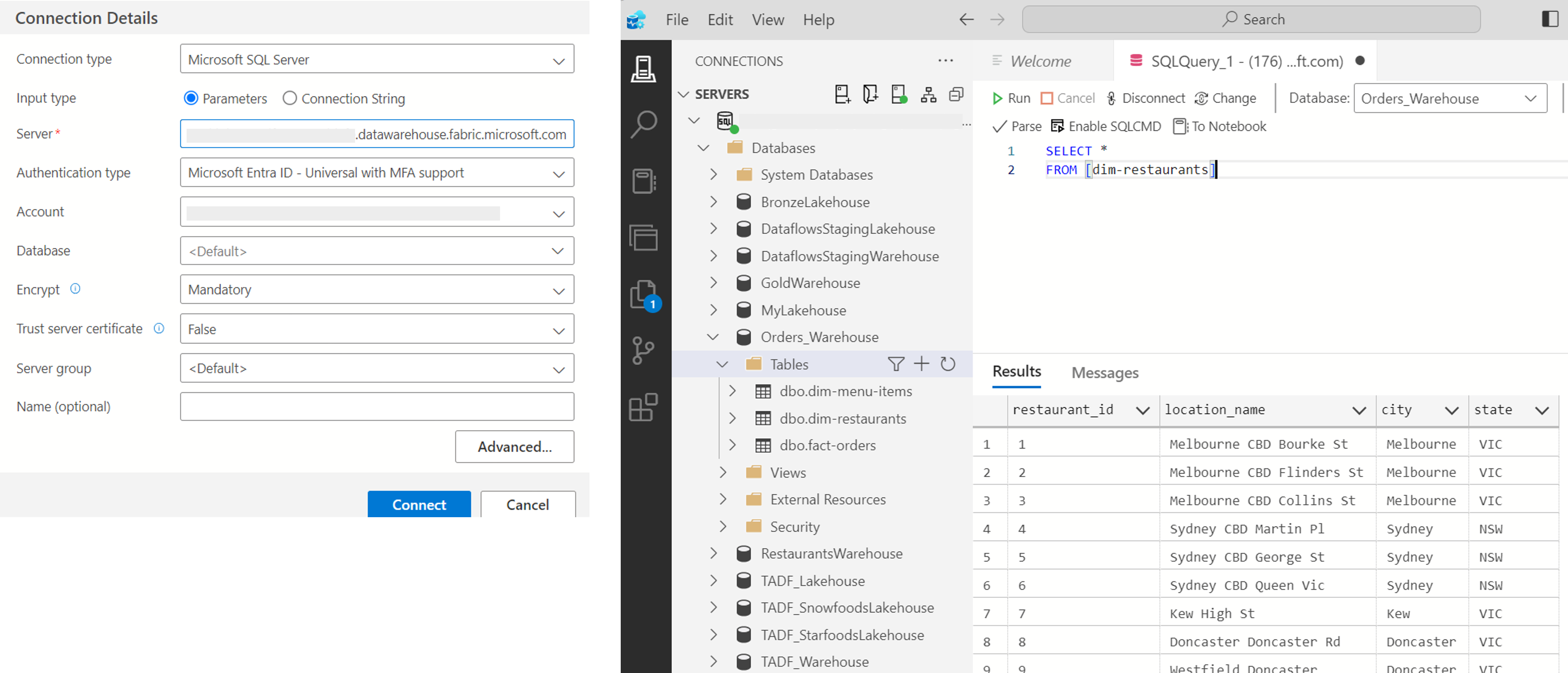Screenshot of Azure Data Studio connecting to a Fabric warehouse
