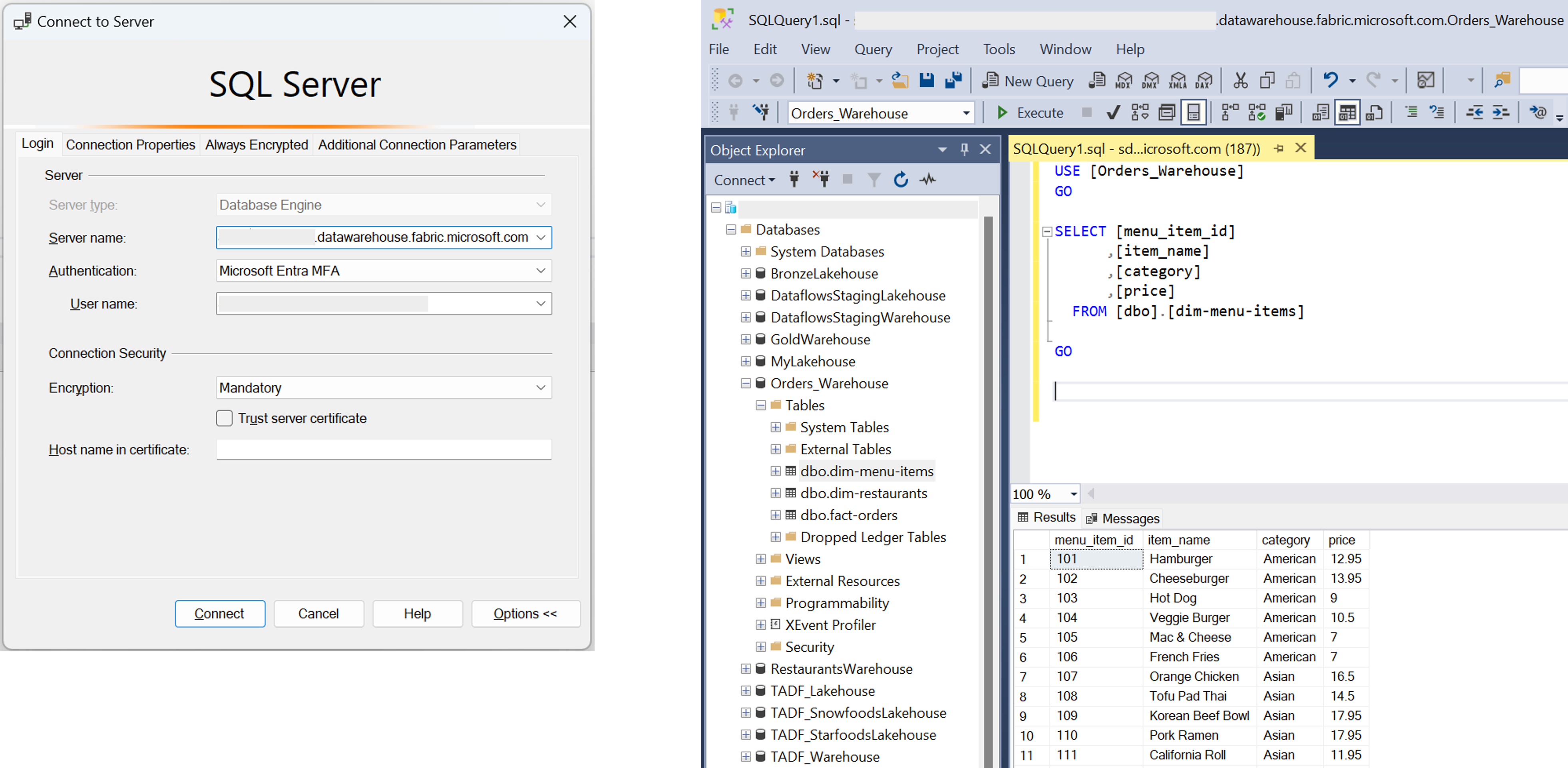 Screenshot of SQL Server Management Studio connecting to a Fabric warehouse