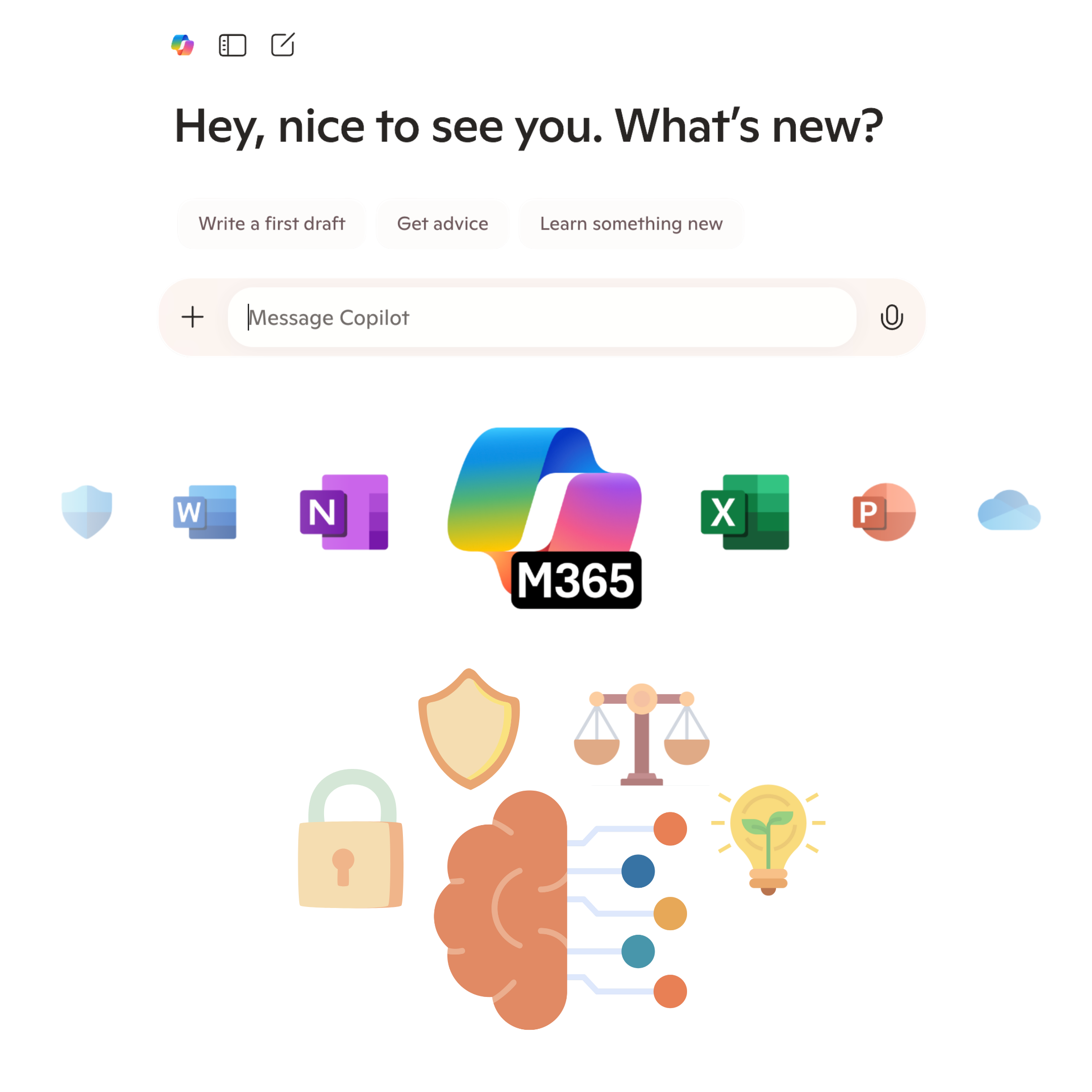 The Copilot chat and Copilot 365 icon, and an icon representation of responsible AI
