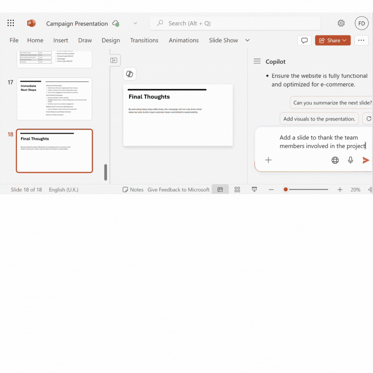 PowerPoint slide with the Copilot chat open showing the conversation with a user asking to add another slide.