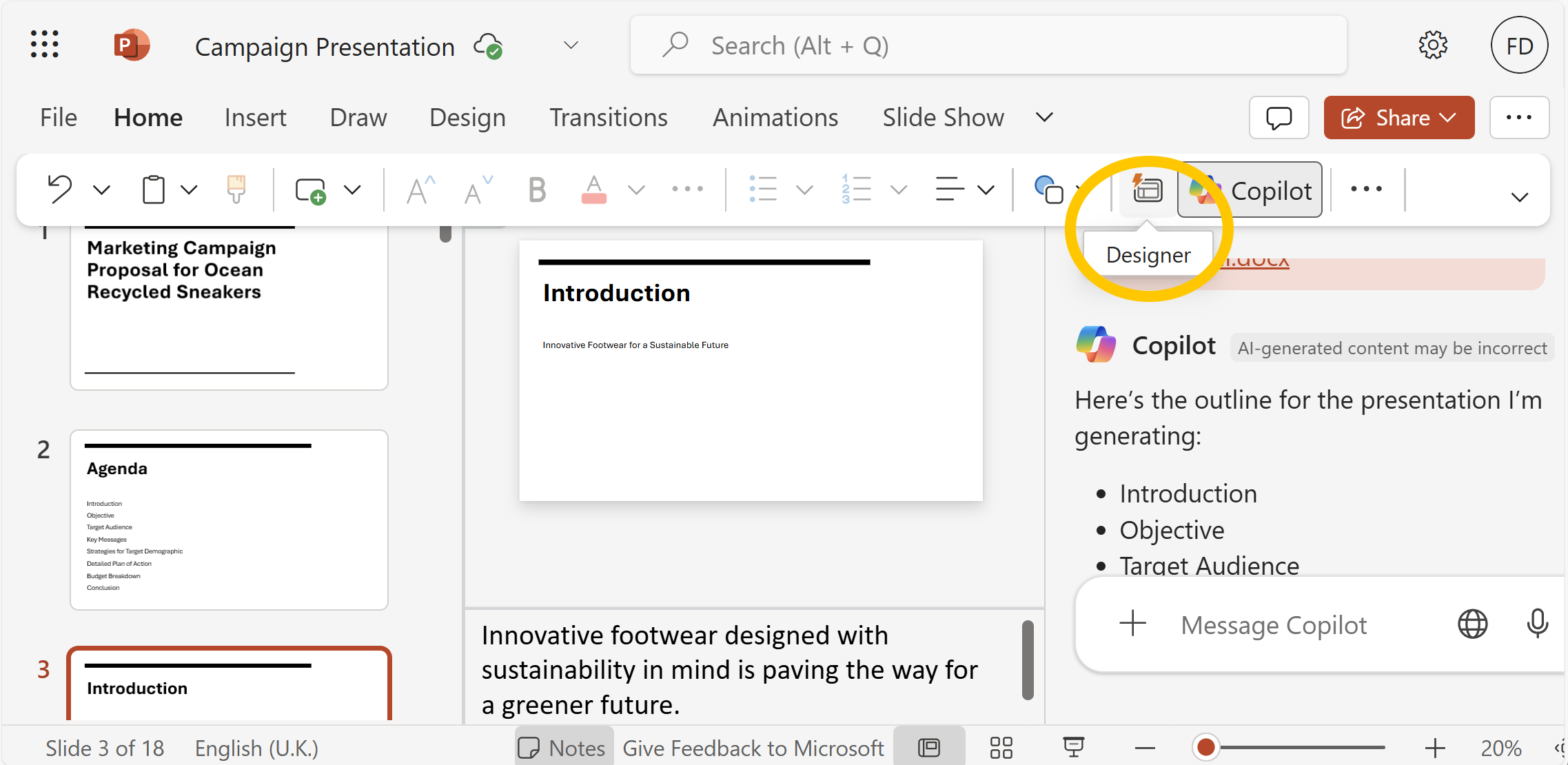 Screenshot of the PowerPoint presentation, with Designer highlighted