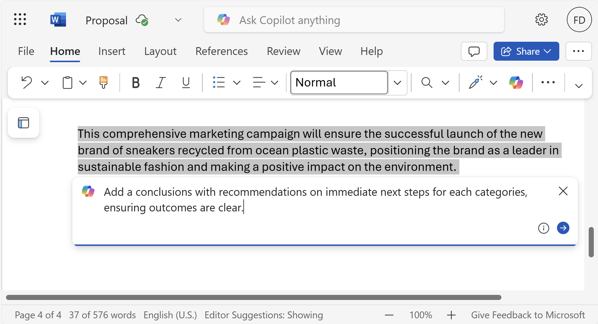 A screenshot of the highlighted paragraph that needs to be modified and the Copilot chat below where the user is asking for improvements.
