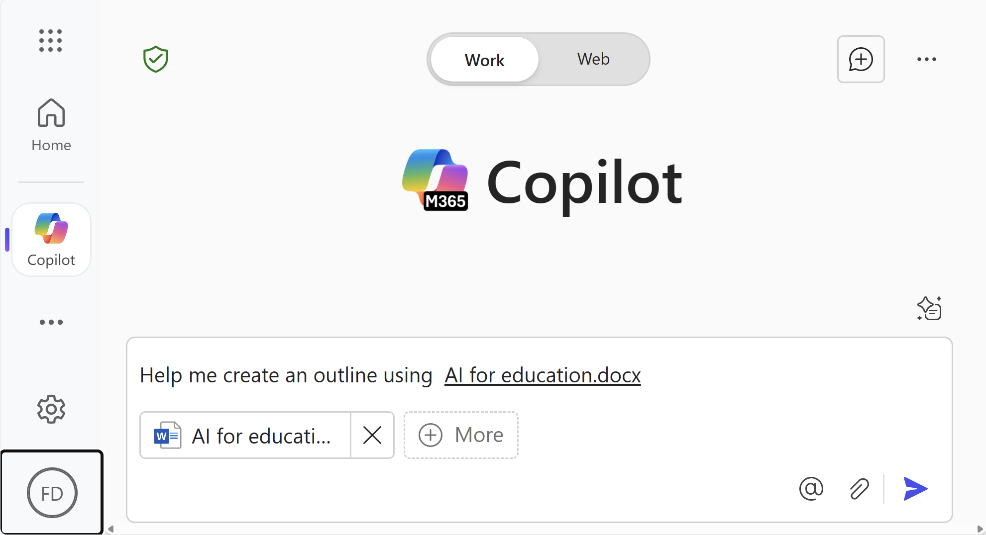 Screenshot of the "Draft with Copilot" chat showing a prompt requesting help to create an outline report using a specific file.