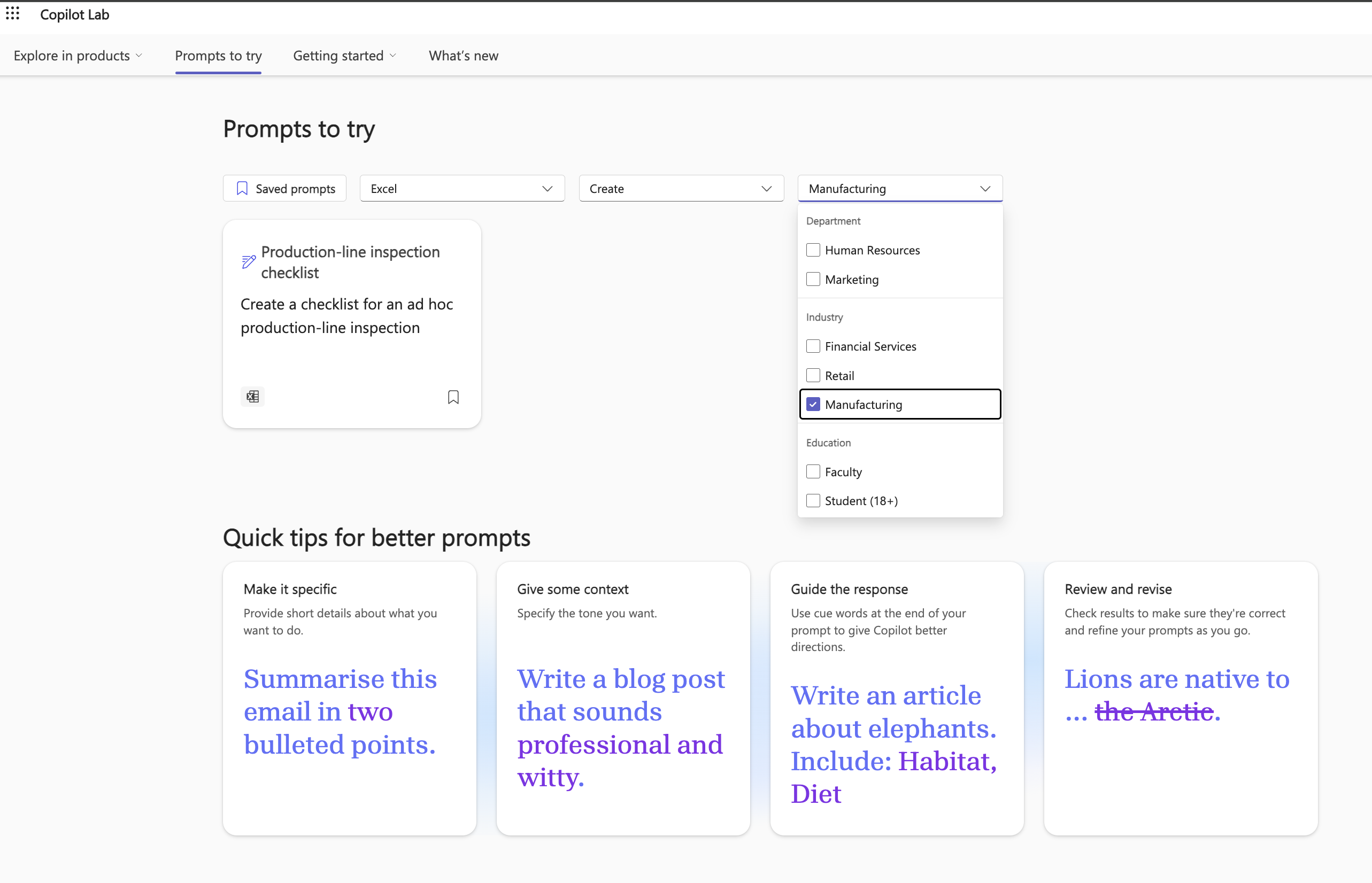 A series of suggested prompts from Copilot Lab, with a dropdown filter.
