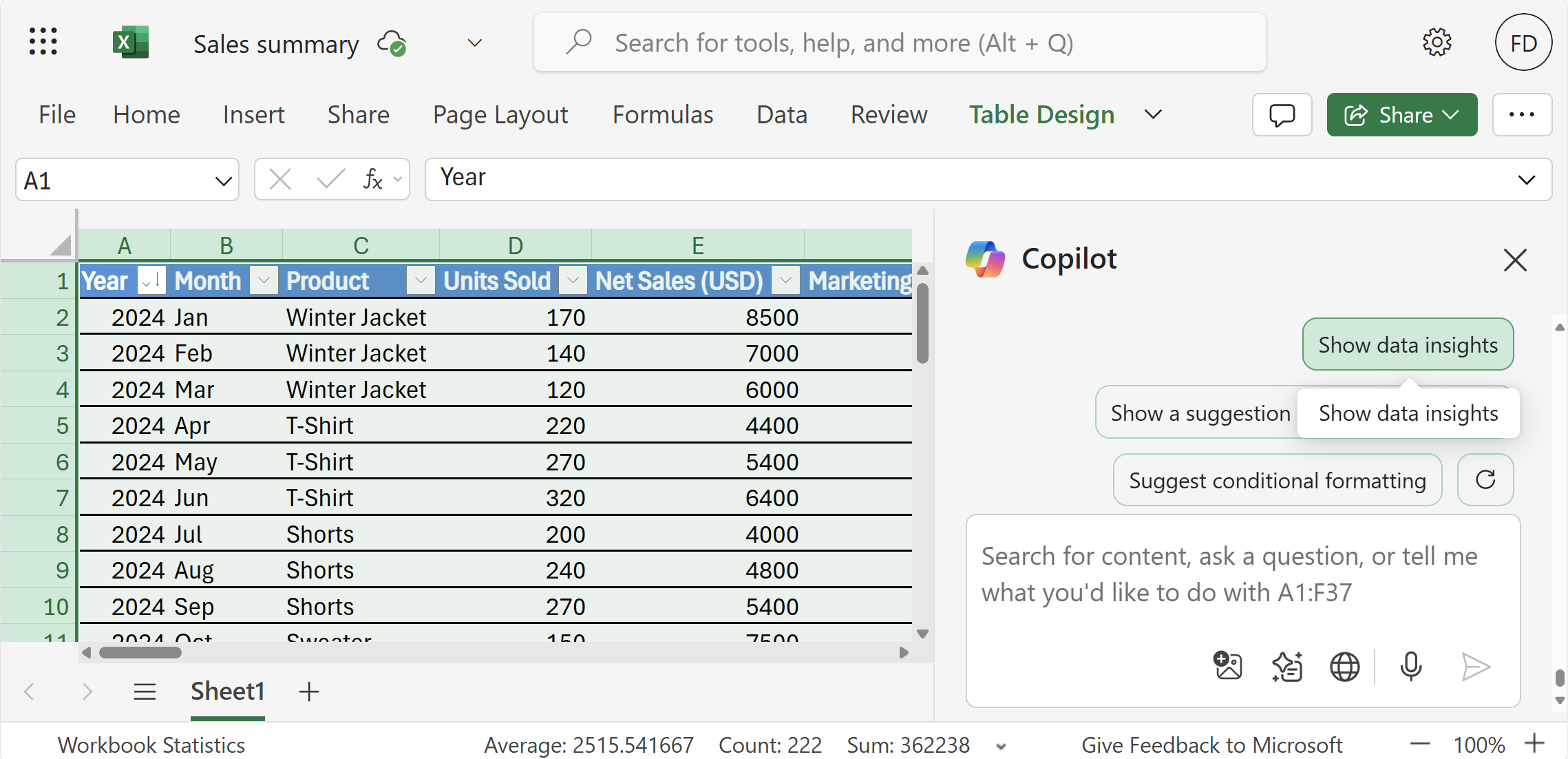 An open Excel document showing data for clothing products and a Copilot chat open on the side with a user asking to show data insights.