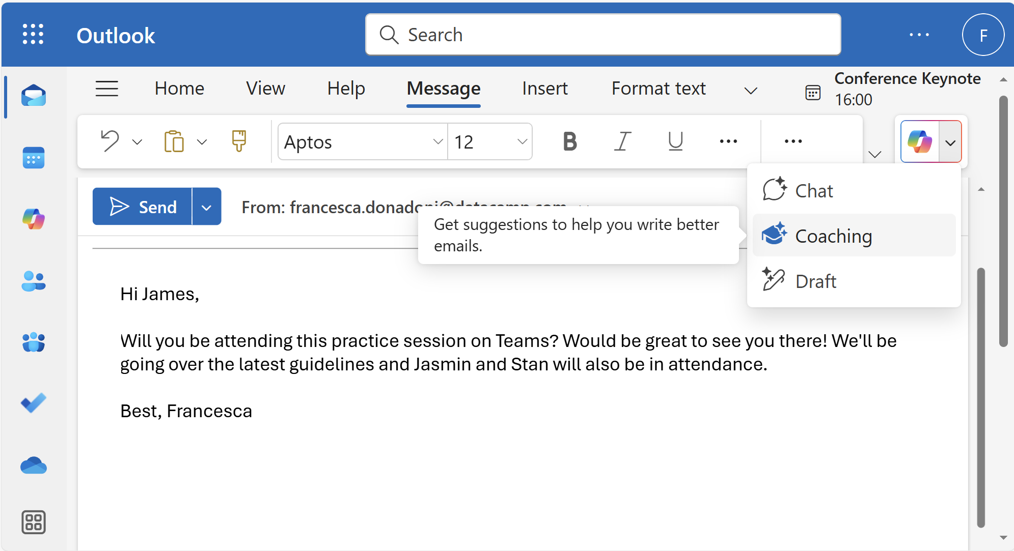 Example of an e-mail draft with unclear points
