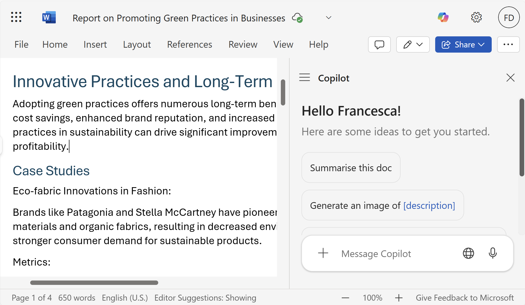 A screenshot of an open Word document with an open Copilot chat on its side.