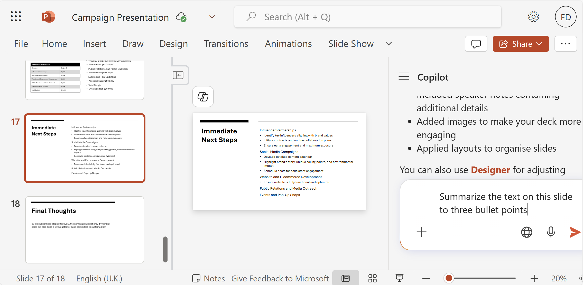 A screenshot of a PowerPoint slide with the Copilot chat open on the side and a user asking to summarize text on the slide.