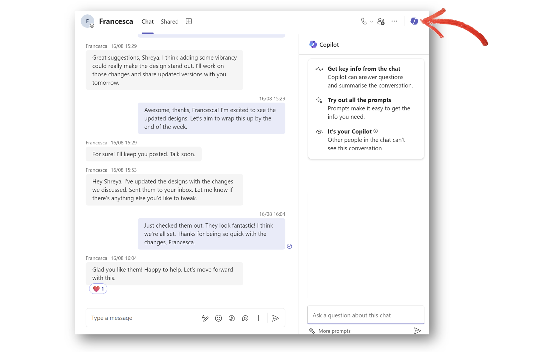 A screenshot of a Microsoft Teams chat with a side chat open to ask questions to Copilot. Red arrow pointing at Copilot icon