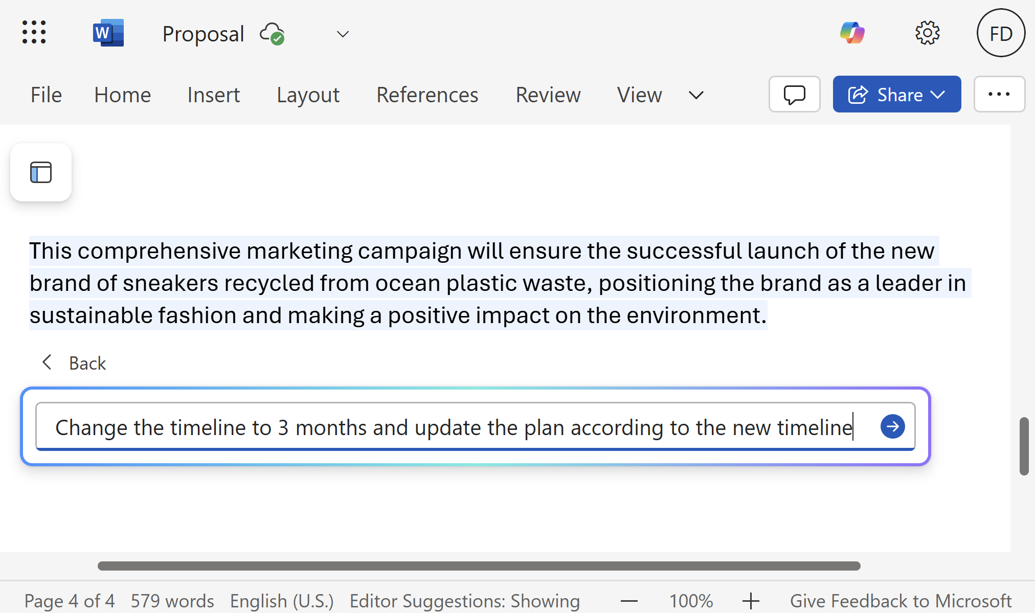 An open Copilot chat with the user asking to change the date timeline.