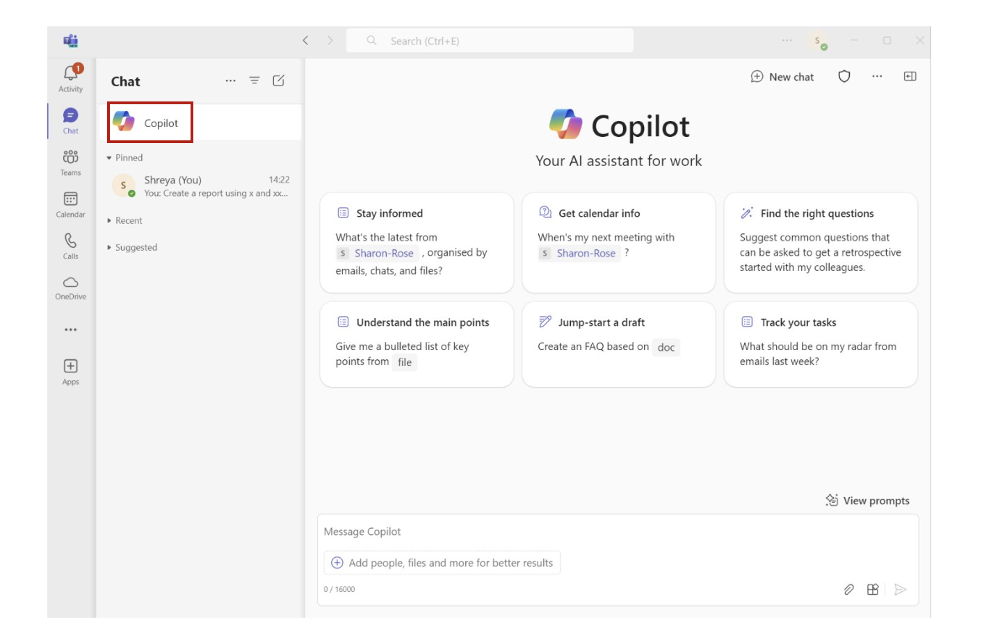 A screenshot of Microsoft Teams with the Copilot chat open and the Copilot icon at the top left circled in red.