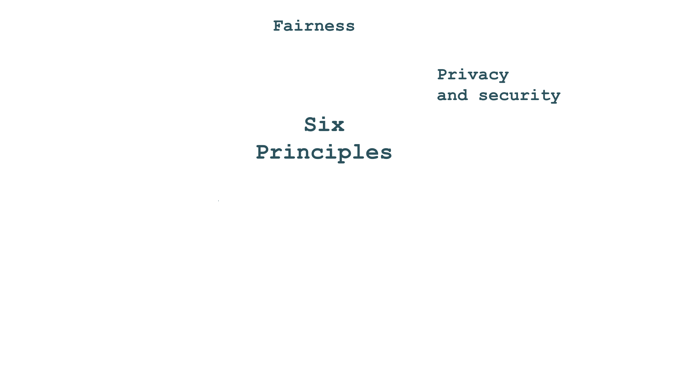 A text saying "six principles", surrounded by the terms indicating such principles: fairness, privacy and security