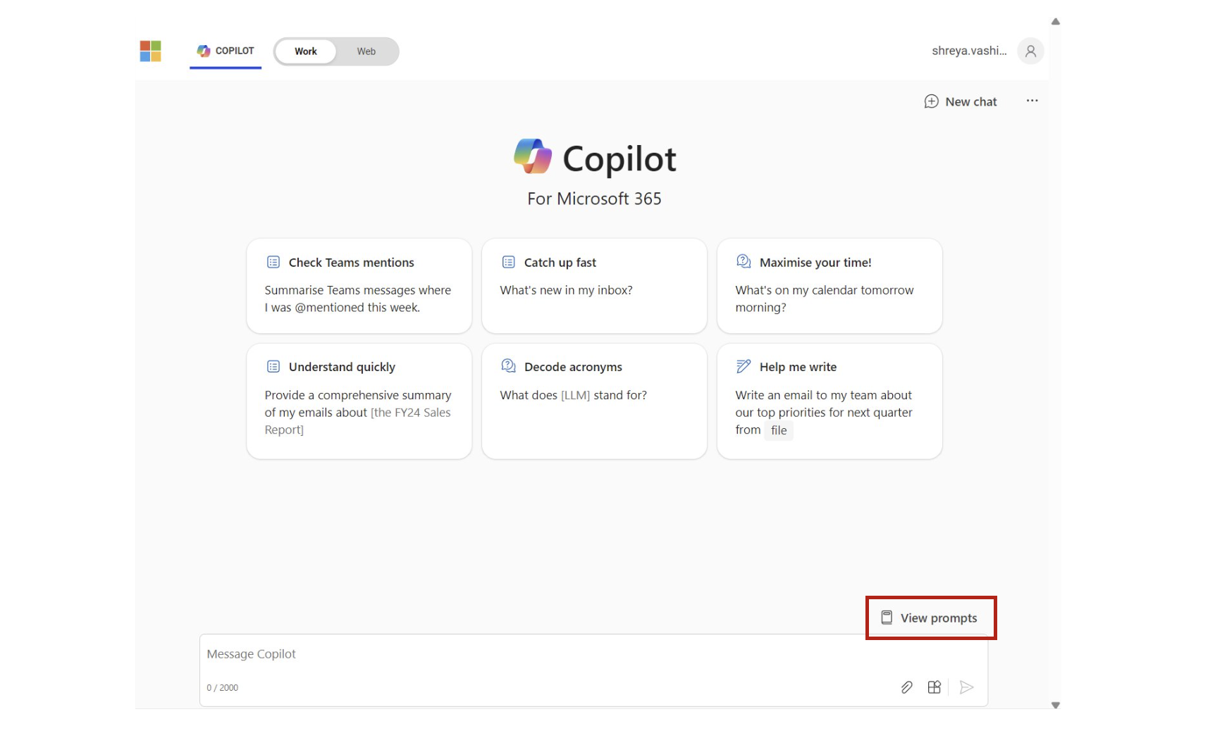 The homepage of Copilot for Microsoft 365 with an option to view prompts.