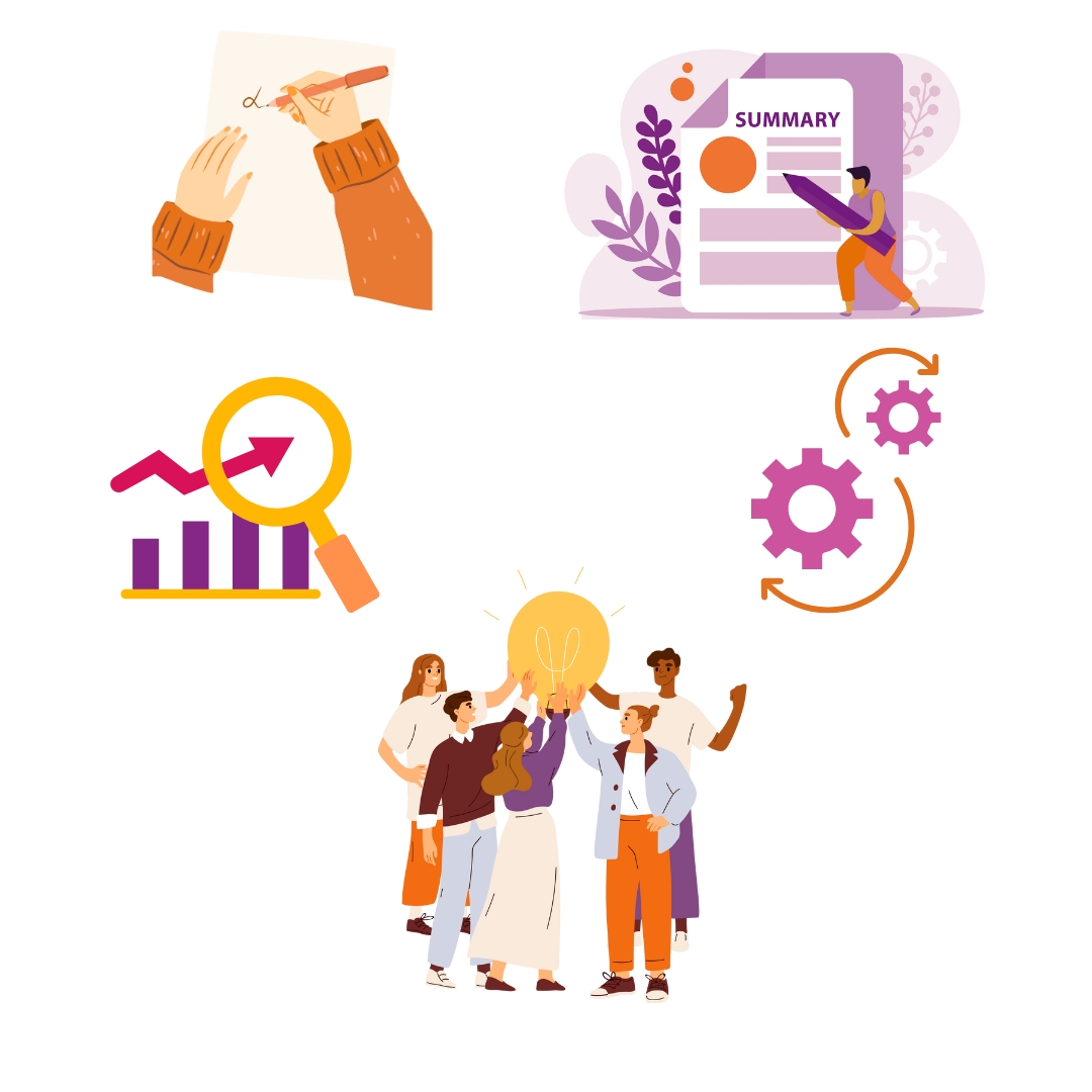 Five icons for creating, summarizing, analyzing, collaborating, and automating tasks.