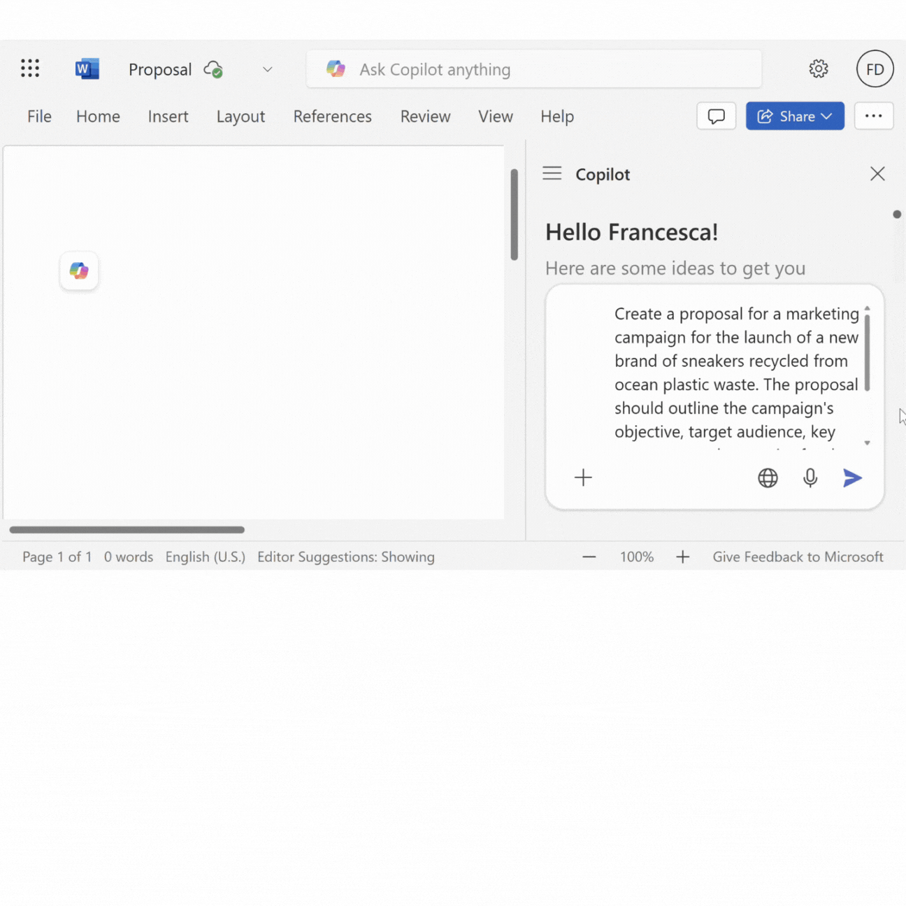 An open Copilot chat with the question to "create a project proposal for a new marketing campaign".
