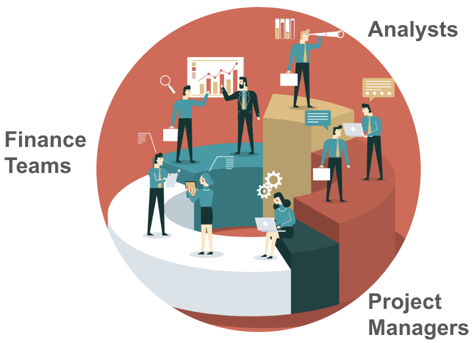 Finance professionals, analysts, project managers, and administrators working together in a collaborative environment representing knowledge workers.