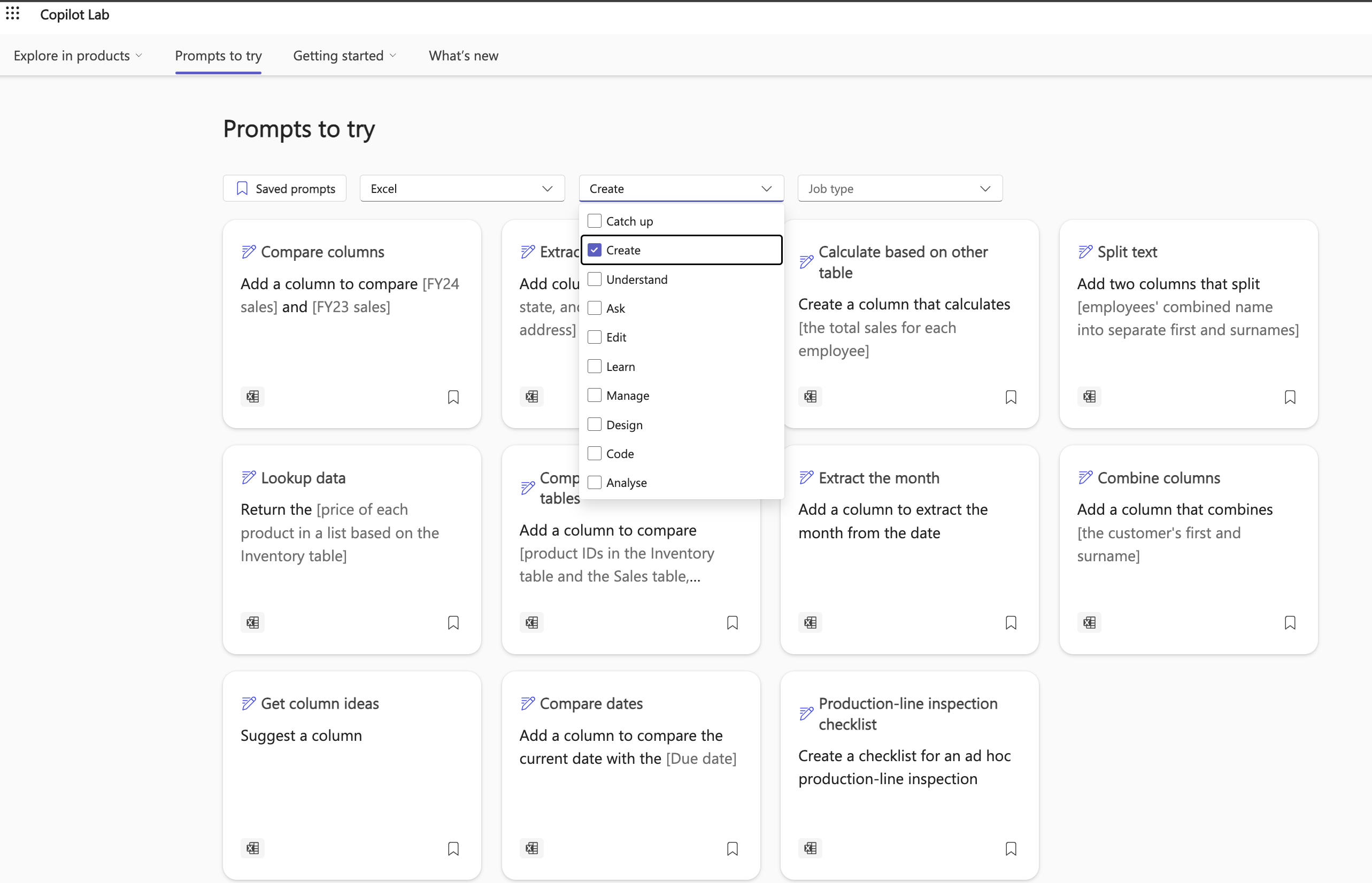 A series of suggested prompts from Copilot Lab, with various dropdown filters.