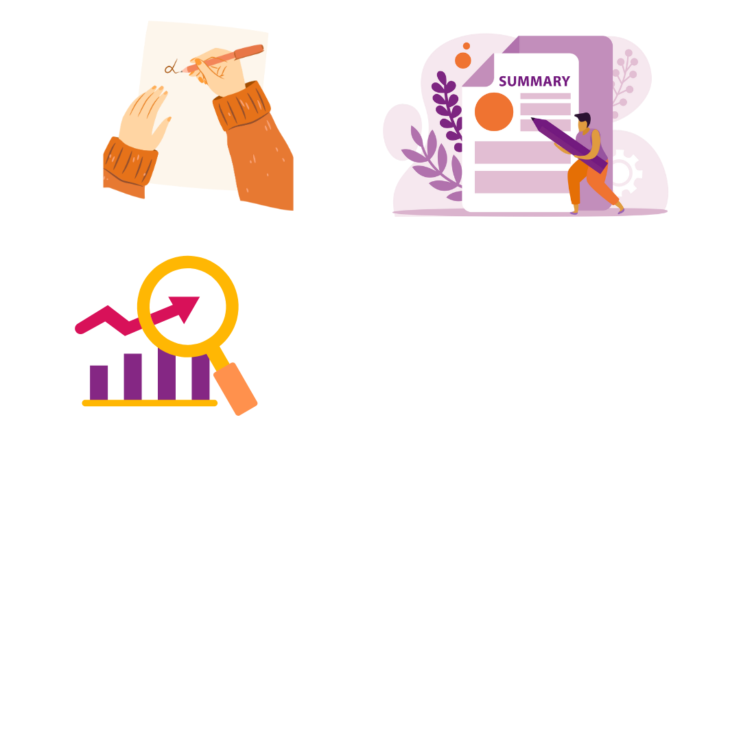 Three icons showing actions for creating, summarizing, and analyzing information.