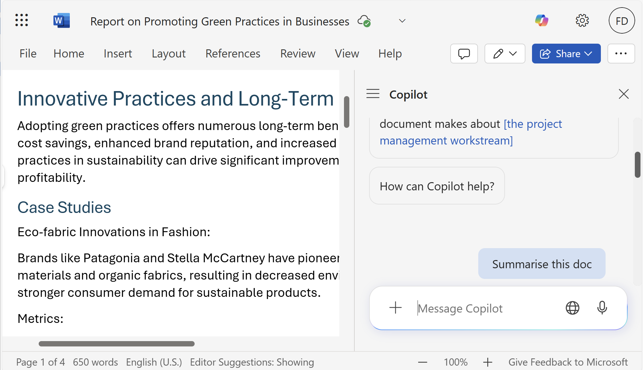 A screenshot of an open Word document with an open Copilot chat on its side where the user is asking to summarize the document.